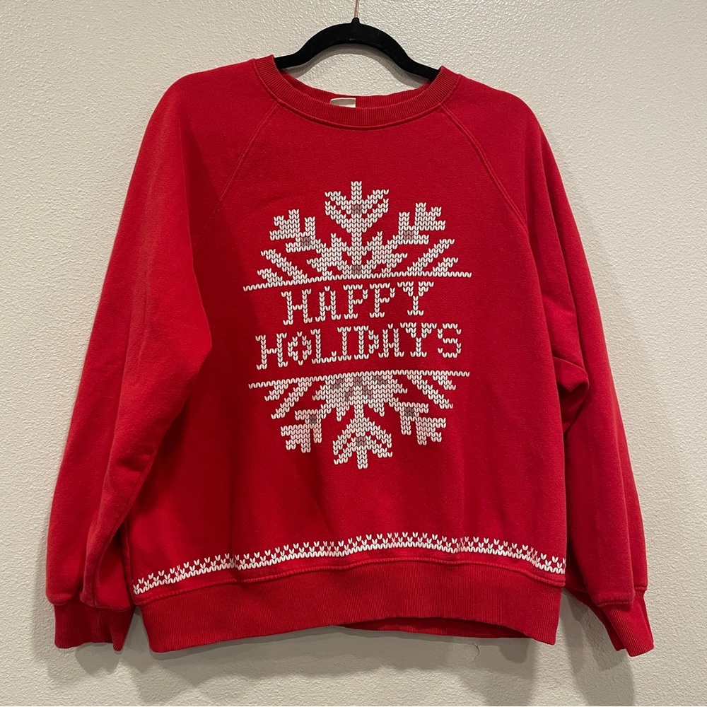 H&M LOGG Happy Holidays Red Raglan Crew Neck Sweater Adult Size Large